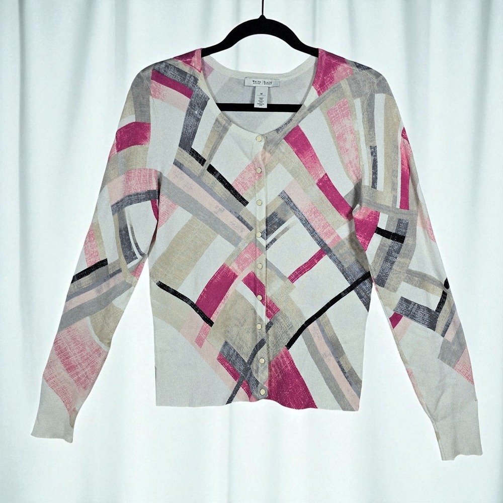 White‎ House Black Market Cardigan Woman Medium Geometric Print Button Front Top